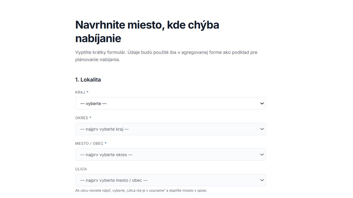 Formulár na nahlásenie miesta, kde chýba nabíjanie